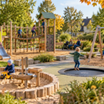 Spielplatz Ergste: KI-generierte Illustration eines modernen Spielplatzes mit Klettergerüst, Trampolin, Schaukeln und spielenden Kindern im Herbst
