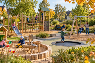 Spielplatz Ergste: KI-generierte Illustration eines modernen Spielplatzes mit Klettergerüst, Trampolin, Schaukeln und spielenden Kindern im Herbst