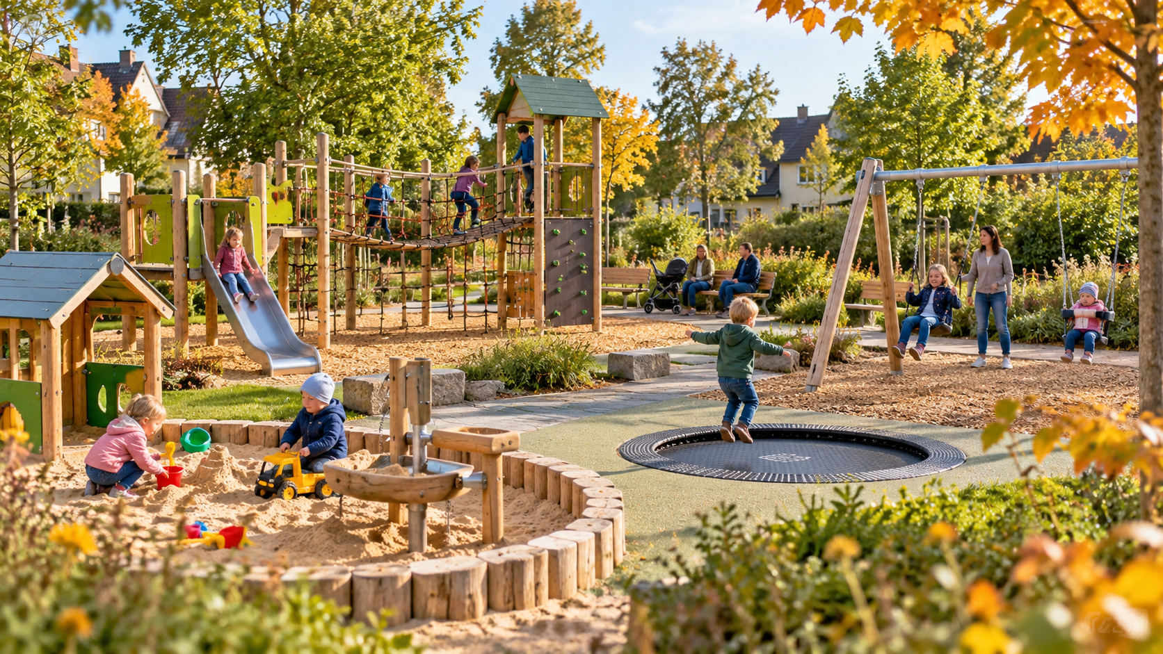 Spielplatz Ergste: KI-generierte Illustration eines modernen Spielplatzes mit Klettergerüst, Trampolin, Schaukeln und spielenden Kindern im Herbst