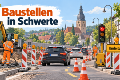 Baustellen Schwerte: KI-generierte Illustration mit Bauarbeitern, Bagger, Absperrbaken und Ampel auf einer Straße, im Hintergrund eine stilisierte Altstadtsilhouette
