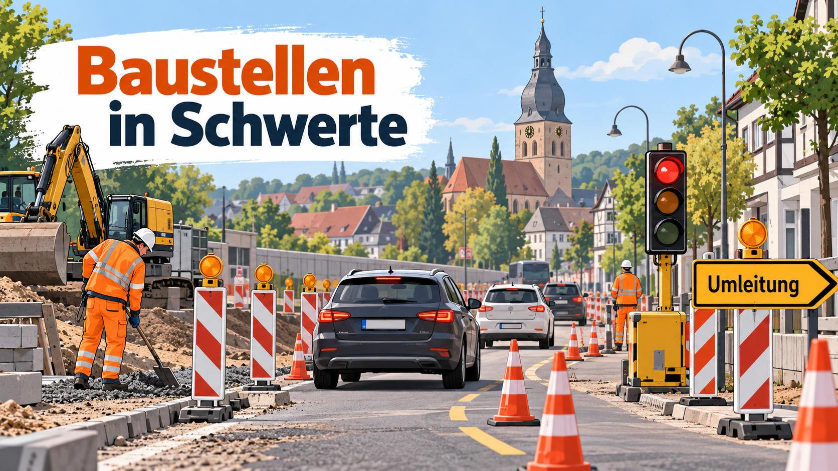 Baustellen Schwerte: KI-generierte Illustration mit Bauarbeitern, Bagger, Absperrbaken und Ampel auf einer Straße, im Hintergrund eine stilisierte Altstadtsilhouette