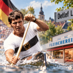 Detlef Lewe Schwerte: Bildmontage mit Kanute im Nationaltrikot beim Paddeln, Fahnenträger im Olympiastadion, dem Straßenschild „Detlef Lewe Weg" und der ehemaligen Fleischerei Lewe
