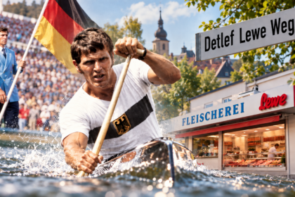 Detlef Lewe Schwerte: Bildmontage mit Kanute im Nationaltrikot beim Paddeln, Fahnenträger im Olympiastadion, dem Straßenschild „Detlef Lewe Weg" und der ehemaligen Fleischerei Lewe