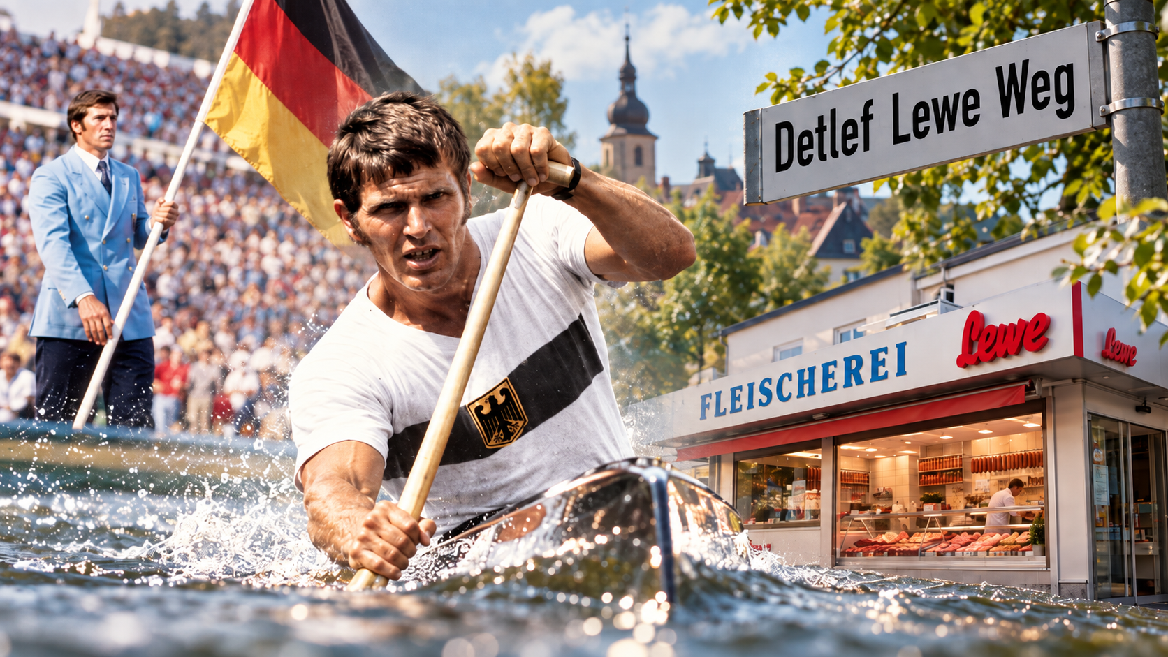 Detlef Lewe Schwerte: Bildmontage mit Kanute im Nationaltrikot beim Paddeln, Fahnenträger im Olympiastadion, dem Straßenschild „Detlef Lewe Weg" und der ehemaligen Fleischerei Lewe