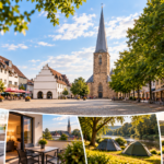 Marktplatz und Kirche in der Schwerter Innenstadt, kombiniert mit Hotelzimmer, Terrasse, Zelten am Fluss und Wohnmobil – Unterkünfte in Schwerte 2026