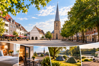 Marktplatz und Kirche in der Schwerter Innenstadt, kombiniert mit Hotelzimmer, Terrasse, Zelten am Fluss und Wohnmobil – Unterkünfte in Schwerte 2026