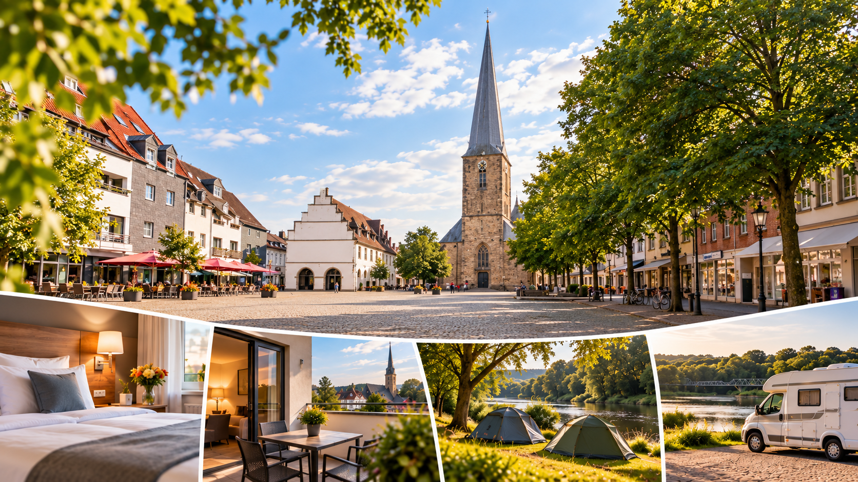 Marktplatz und Kirche in der Schwerter Innenstadt, kombiniert mit Hotelzimmer, Terrasse, Zelten am Fluss und Wohnmobil – Unterkünfte in Schwerte 2026