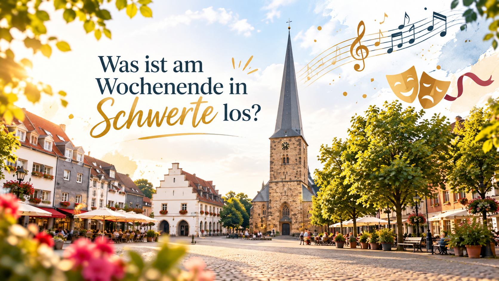 Veranstaltungen Schwerte Wochenende: Grafik mit Schwerter Marktplatz, Kirchturm und Symbolen für Musik und Theater zum 26. und 27. September 2026